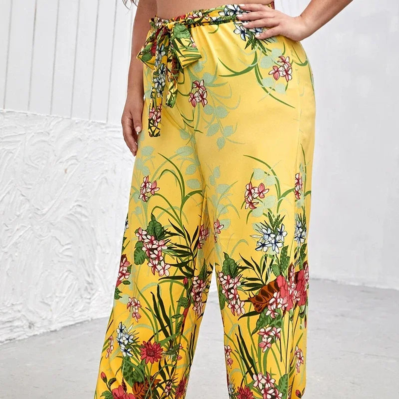 Plus Size Floral Print Summer Elegant Wide Leg Pants Elastic Waist Sashes Casual Yellow Boho Pants Trousers Large Size 6XL 7XL