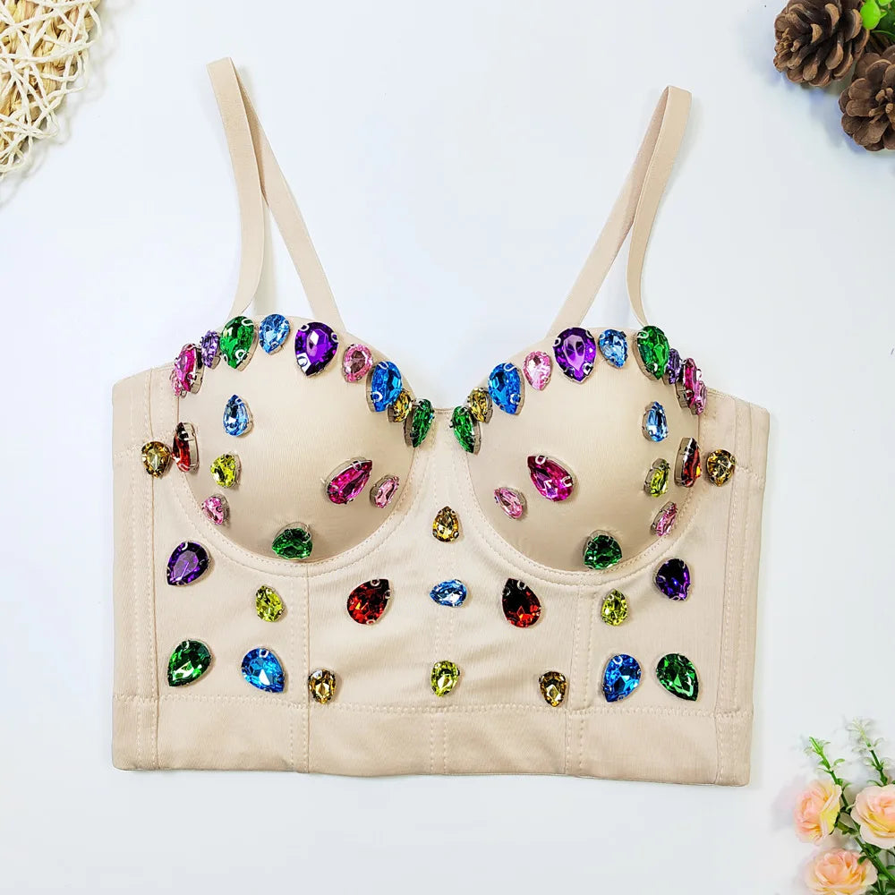 Fashion Sexy Women's Bustier Bra Hand-made Pearls Jewel Diamond Beading Crop Tops Female Cropped Sling Vest Top Bling Bra style 3 as pic