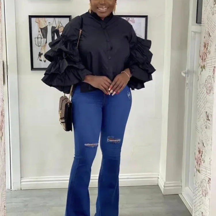 CM.YAYA Women Shirts Solid Full Ruffles Sleeve Turn-down Collar Single Breasted Loose Shirts Office Lady Streetwear Summer Tops