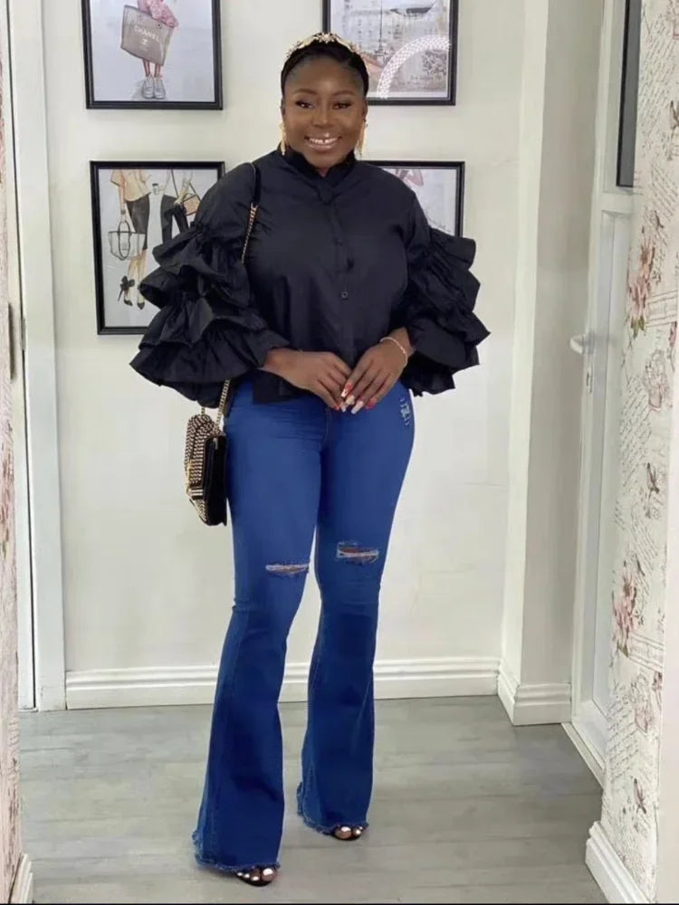 CM.YAYA Women Shirts Solid Full Ruffles Sleeve Turn-down Collar Single Breasted Loose Shirts Office Lady Streetwear Summer Tops