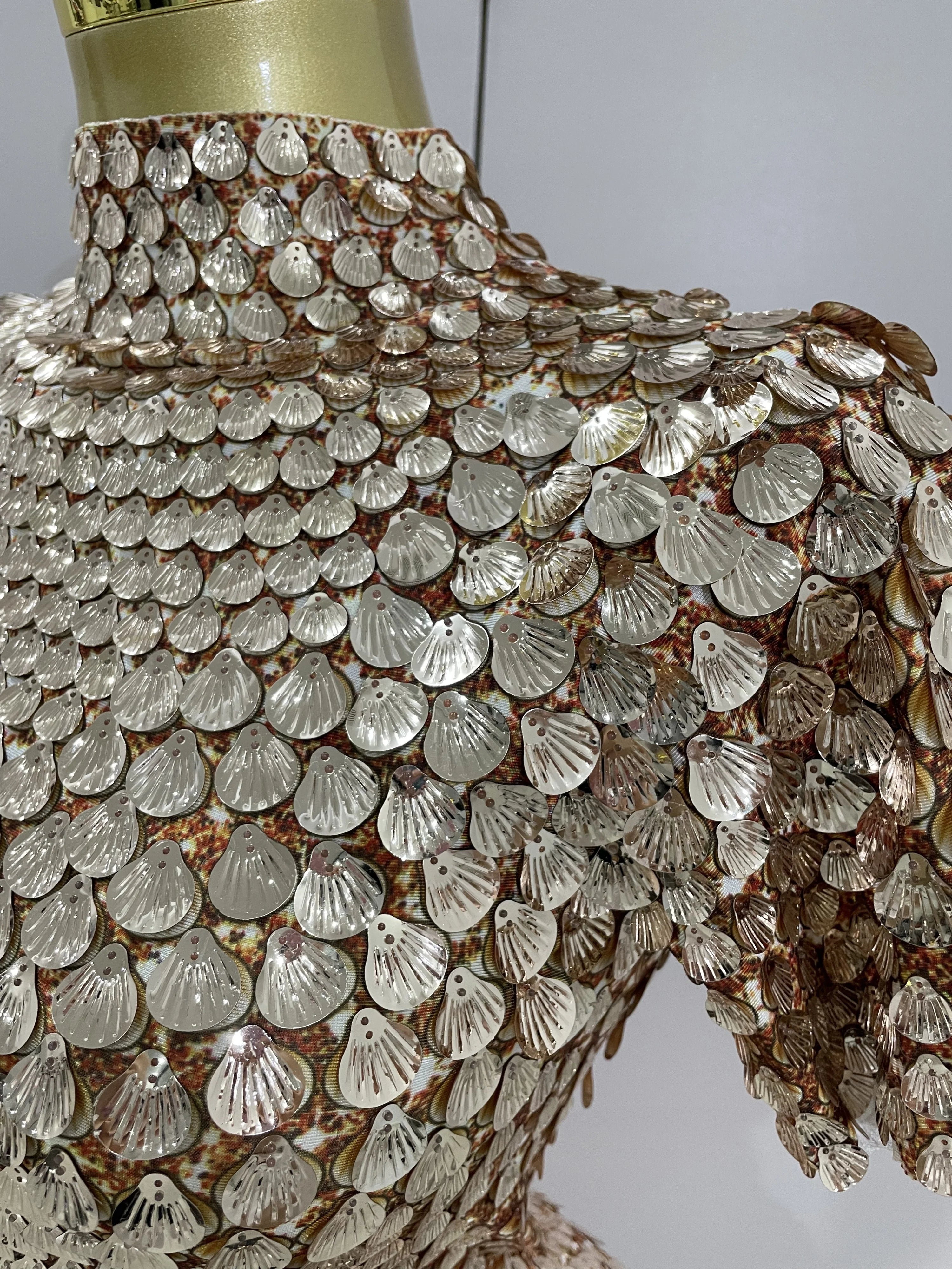 Luxury High Quality Shiny Shell Sequins Bodysuit Dress Women Sexy Nightclub Dance Performance Clothing Birthday party Dresses