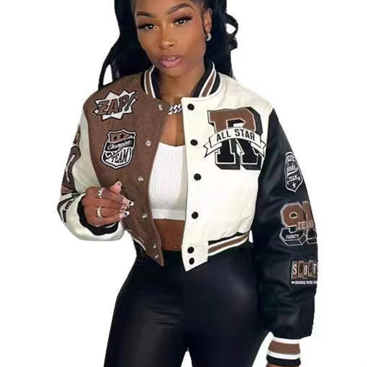 Overcoat Casual Letter Print Patchwork Jacket Round Neck Regular Fit Blazer Women Y2k Style Fall Coat Autumn Winter Short Jacket Dark brown