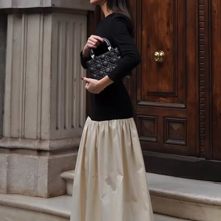 Vintage Women Ruffle Edge Splicing Full Sleeve Dress Fashion Round Neck A-line Maxi Dresses 2025 Lady Spring Highstreet Robe