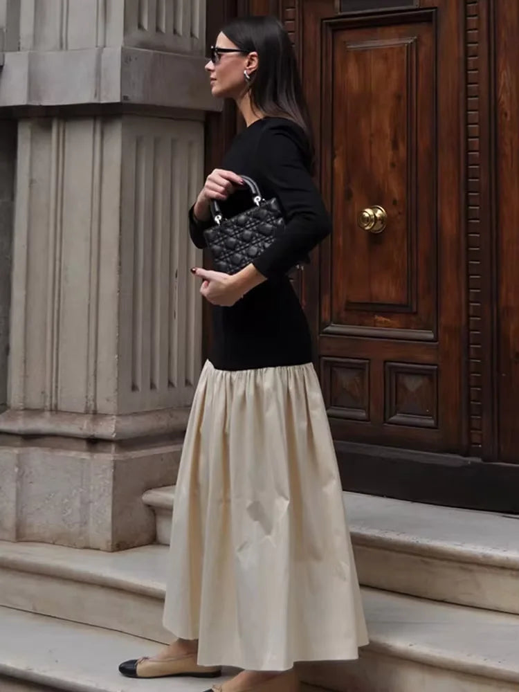 Vintage Women Ruffle Edge Splicing Full Sleeve Dress Fashion Round Neck A-line Maxi Dresses 2025 Lady Spring Highstreet Robe