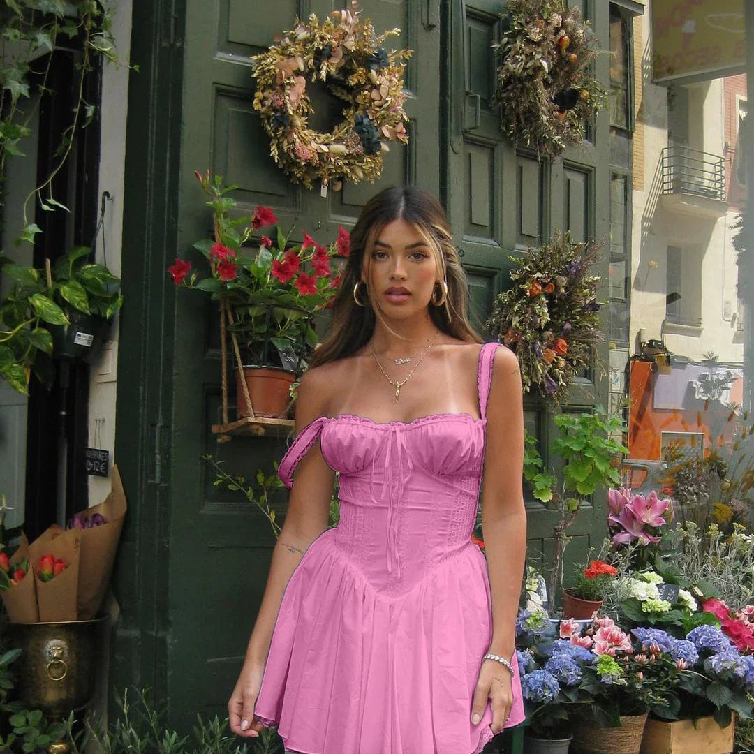 Elegant Women Summer Lace Floral Patchwork Corset Mini Dress Sleeveless Square Neck Tie-up Short Tank A-line Flowy Party Dress Pink