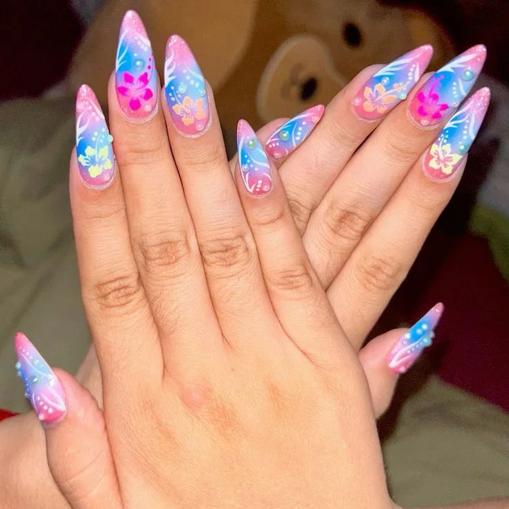 24Pcs Mid-length Almond Full Cover Nails Tips Colorful Star with Design Fake Nails Art Detachable Finished Press on False Nails