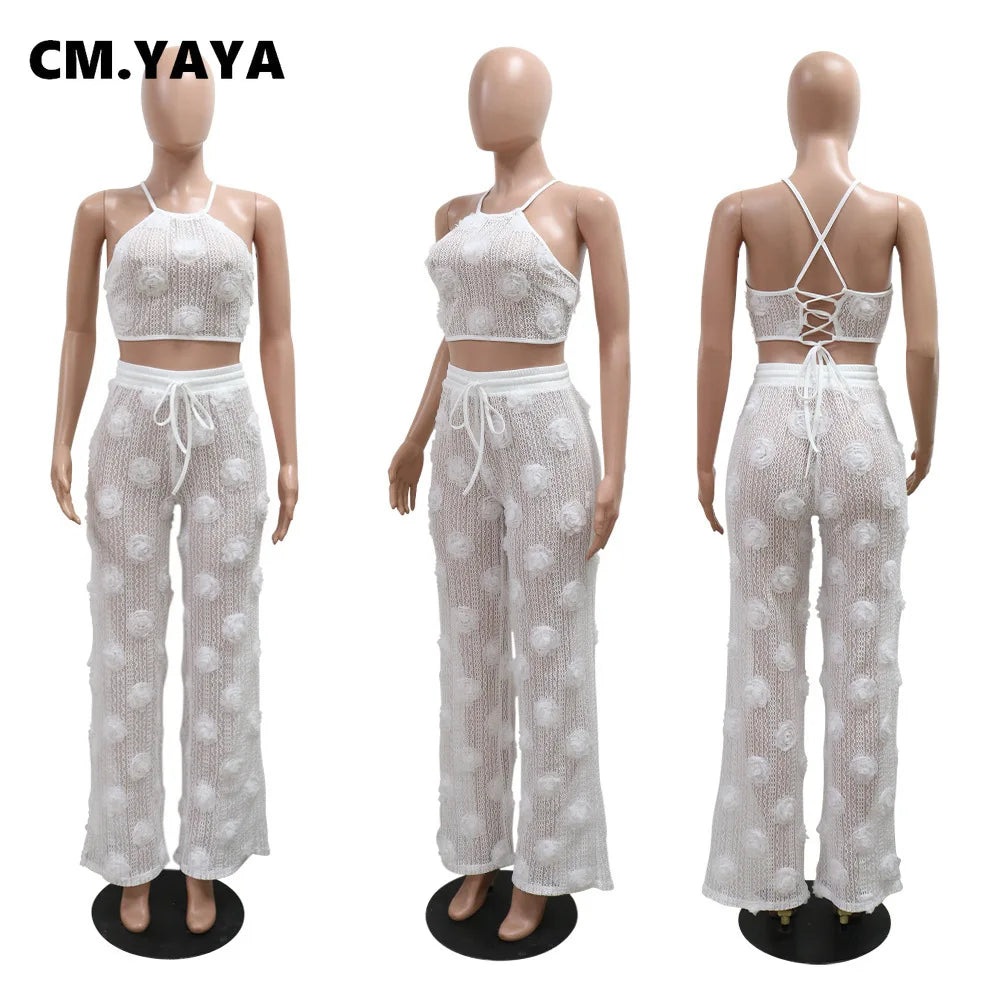 CM.YAYA Women Set 3D Flower Sleeveless Strap Tops +Wide Leg Pants Two 2 Piece Sets Outfit Perspective Summer Sexy Streetwear