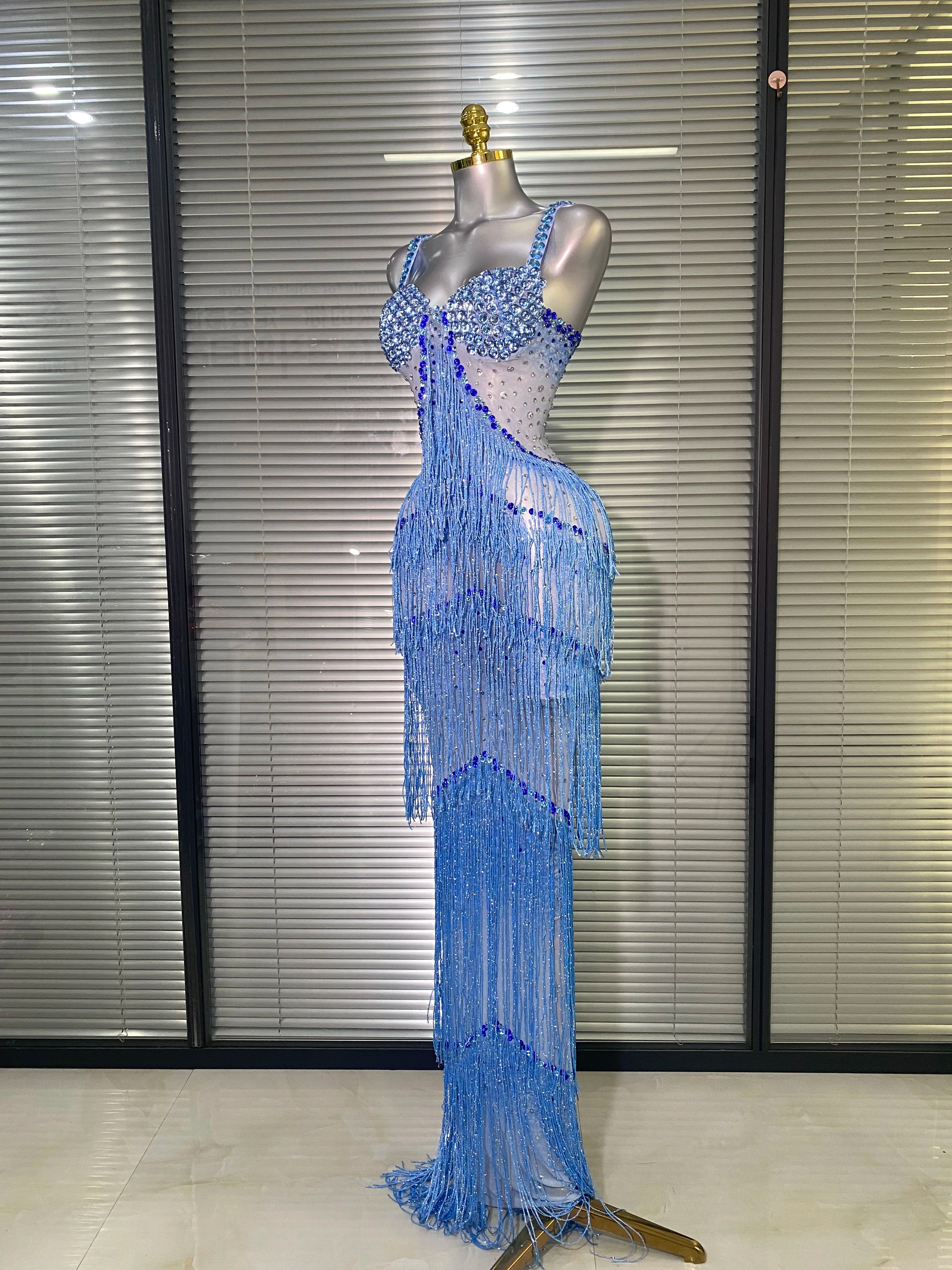 New Women Sexy Mesh Crystal Diamonds Maxi Dress See Through Blue Tassel Party Stage Costume Stage Performance Dress
