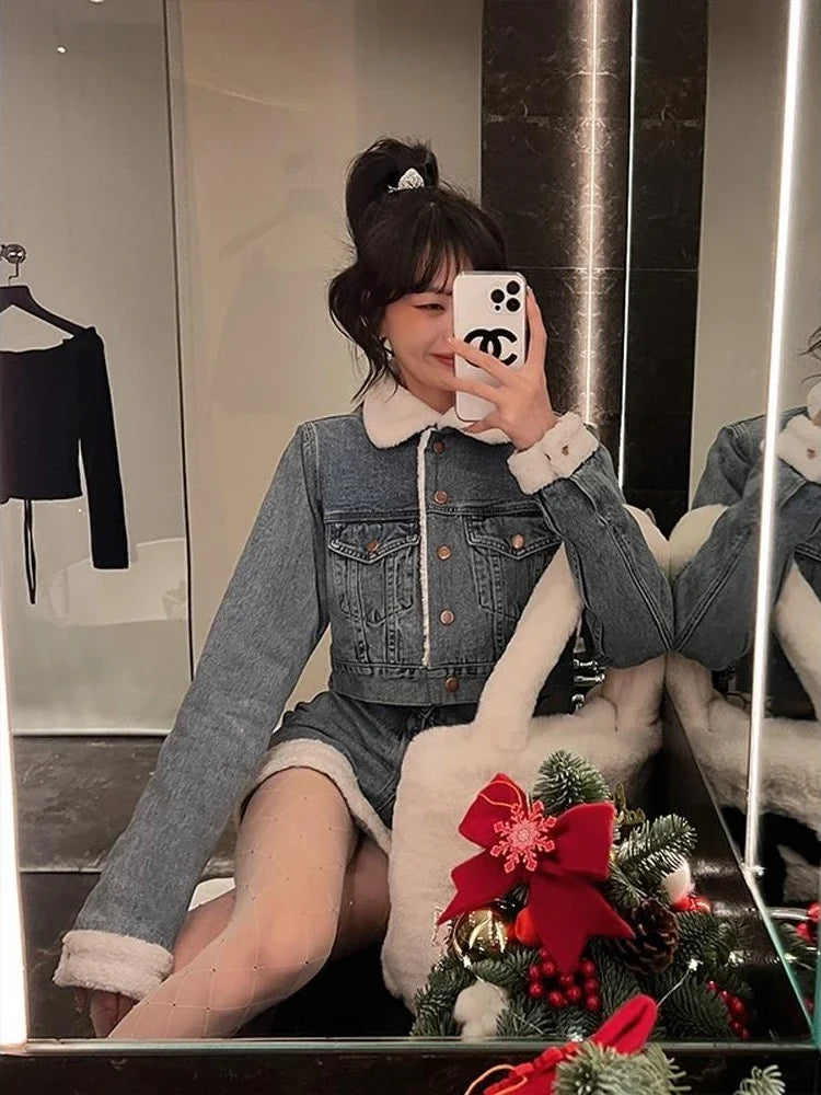 Autumn Winter Denim Skirt Suits Denim Imitation Lamb Jeans Coat Women High Sense High Street Sweet Cool Two Piece Set