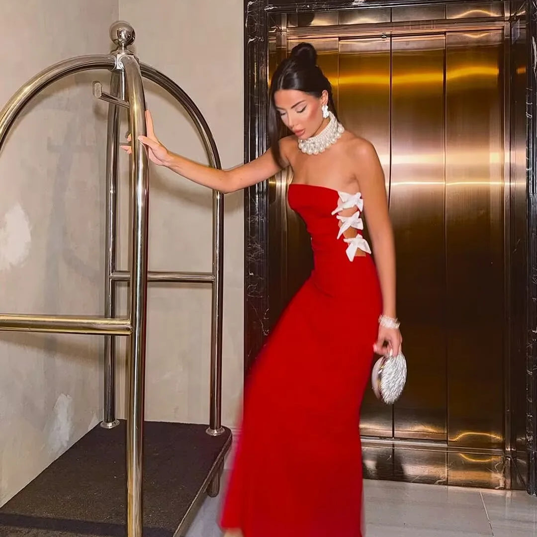 Red Black Women Sexy Off the Shoulder Bow Bodycon Bandage Long Dress Fashion Celebrate Evening Party Nightclub Wear