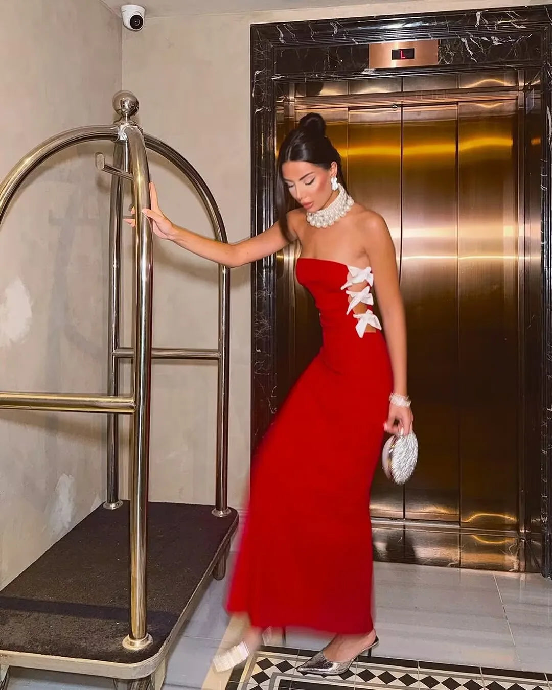 Red Black Women Sexy Off the Shoulder Bow Bodycon Bandage Long Dress Fashion Celebrate Evening Party Nightclub Wear