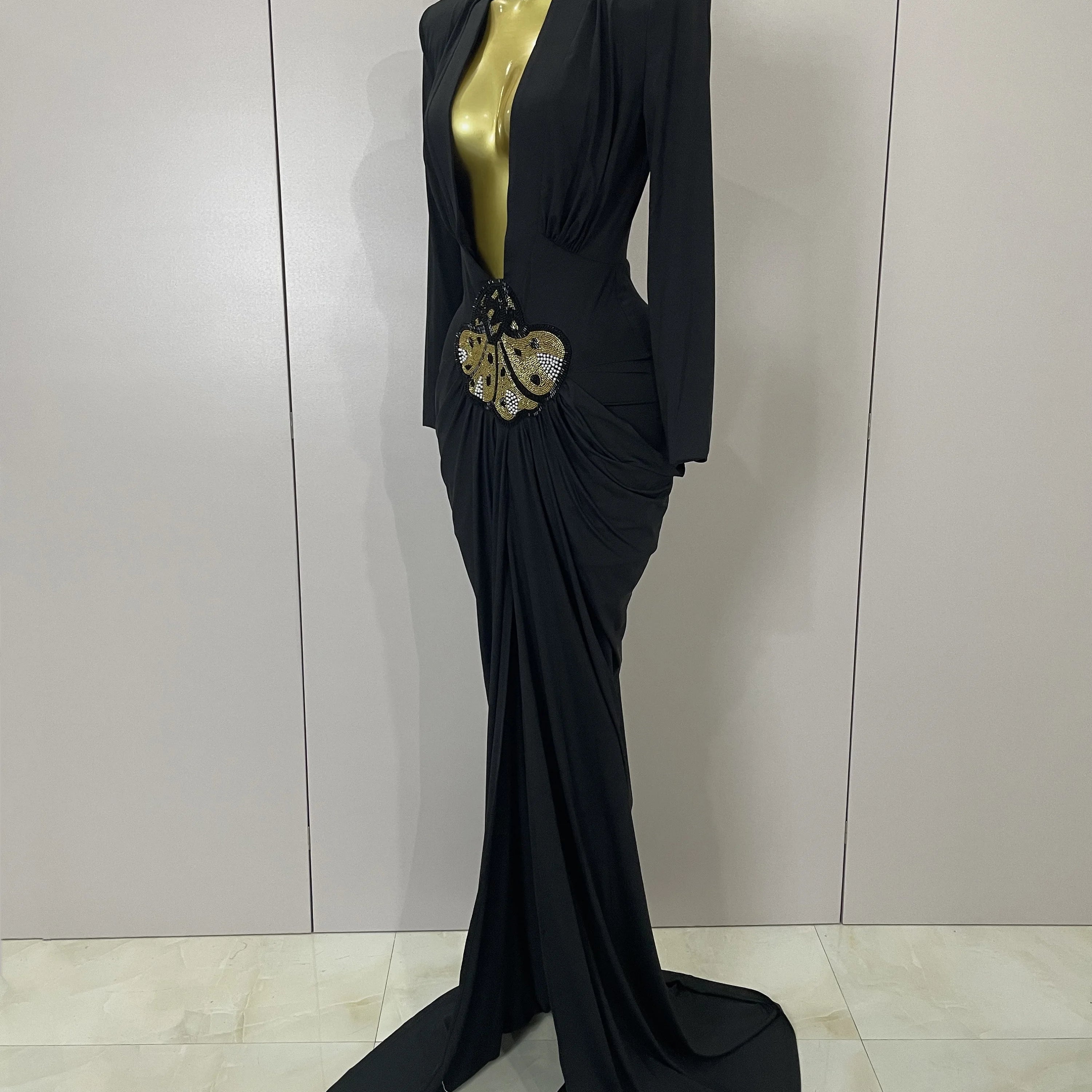 Sexy Deep V-Neck  Long Sleeve Bodycon Long Dress 2025 New Women Spring Elegant Evening Party Celebrate Cocktail Outfit Vestido