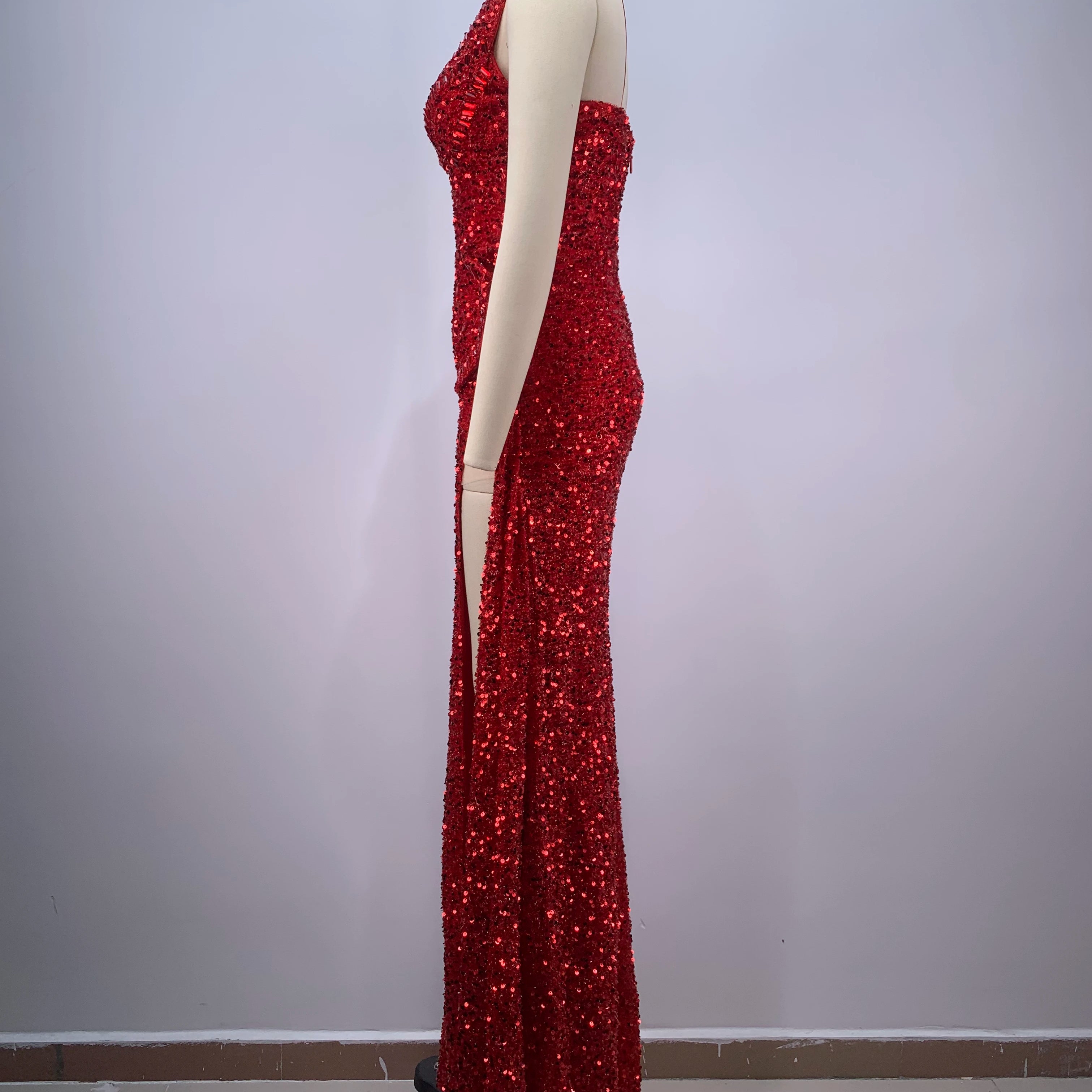 2024 New Arrival Red Color Women Sexy Strapless Shinning Sequins Floor-lenght Dress Wedding Party Celebrate Prom Dress Vestido