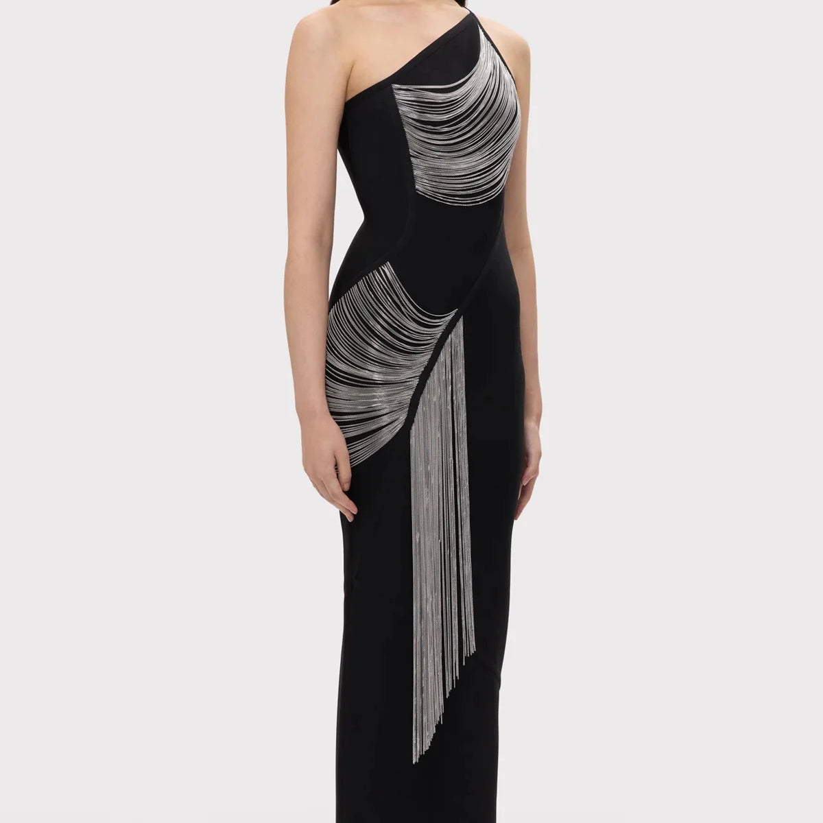 New Arrival Women Sexy Halter Off the Shoulder Silver Tassels Bodycon Long Bandage Dress Evening Party Celebrate Cocktail Wear