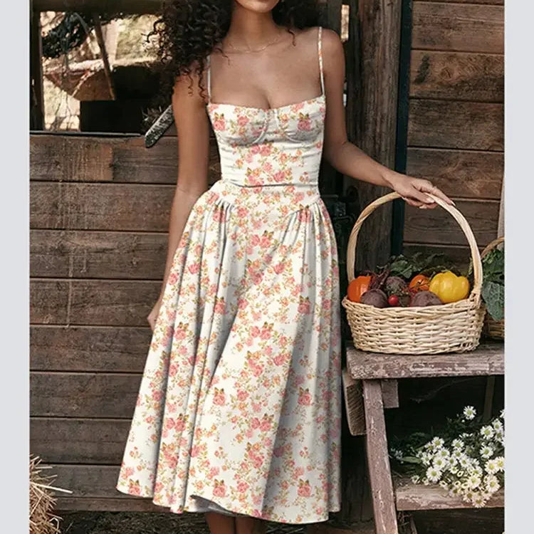 Women Sexy Solid Sling Midi Dress Fashion Sleeveless Backless Pleated Hem Dresses Summer Female Party Evening A-line Robes Printed