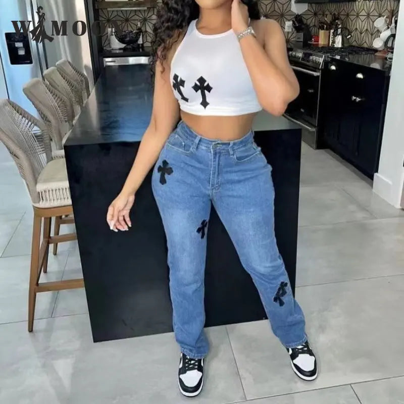 Cross Printed Baggy Jeans Women Casual Low Waist Vintage Straight Denim Trousers Cyber Y2k Goth Pants Fashion Mom Jeans