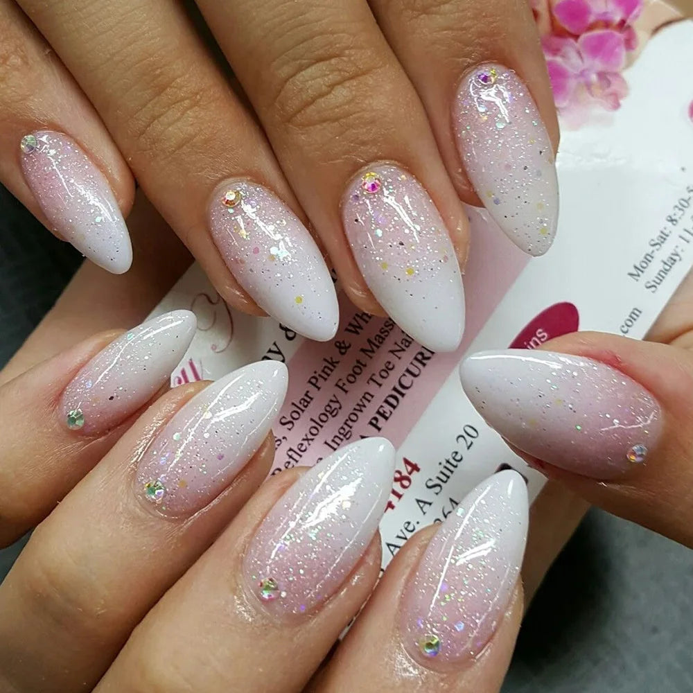 24pcs Nude Pink Glossy Fake Nails with Diamond Nail Tips Art Gradient Glitter Short Almond Oval Fashion Simple Acrylic Nails Set