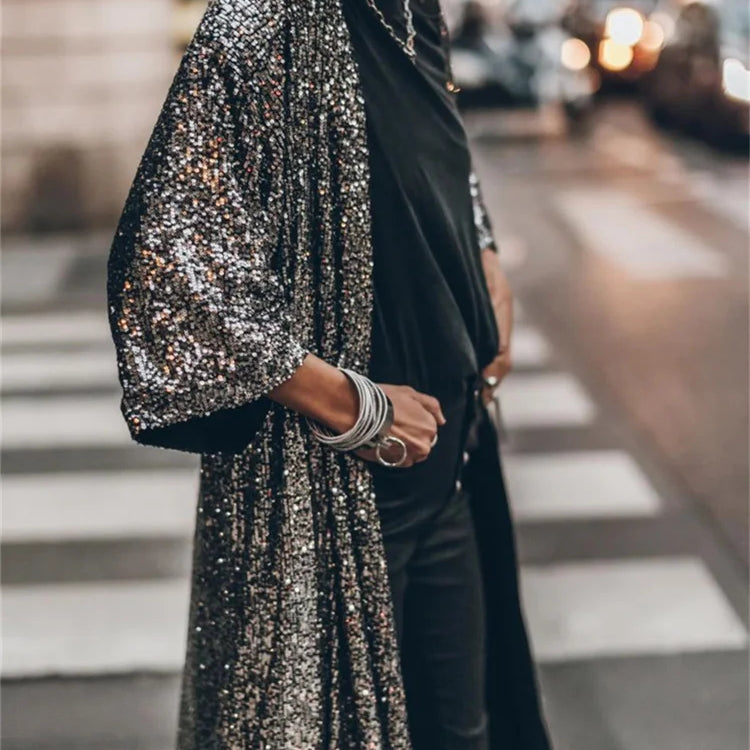 Fashion Sequins Jacket for Women Fall Winter Oversized Casual Party Coats Ladies Chic Long Sleeve Y2k Coats