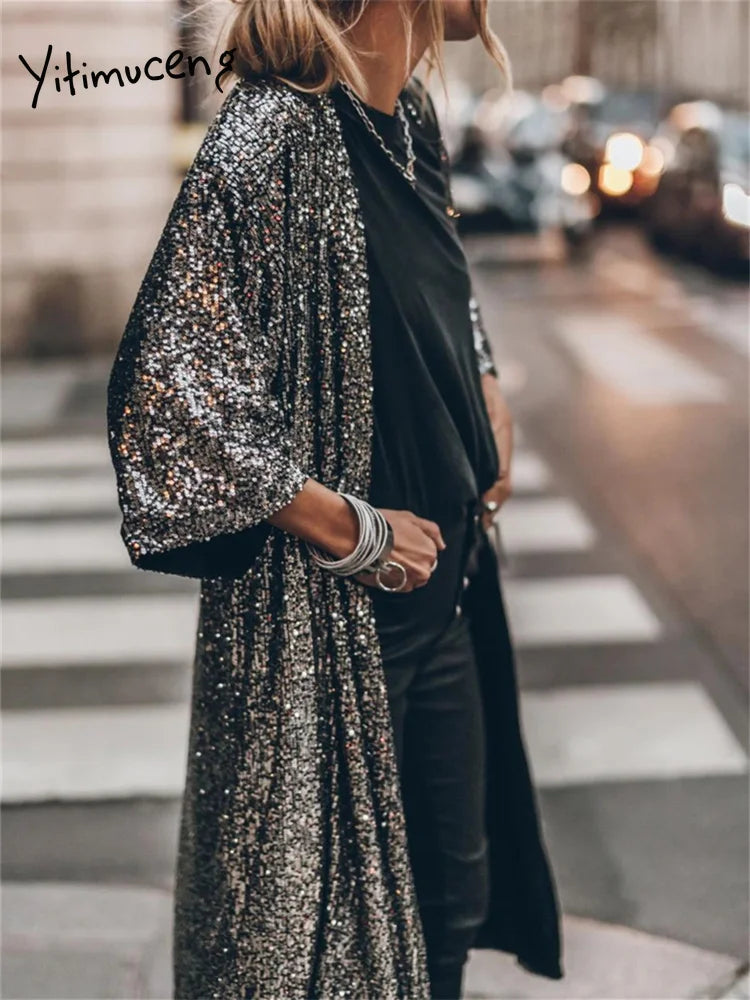 Fashion Sequins Jacket for Women Fall Winter Oversized Casual Party Coats Ladies Chic Long Sleeve Y2k Coats