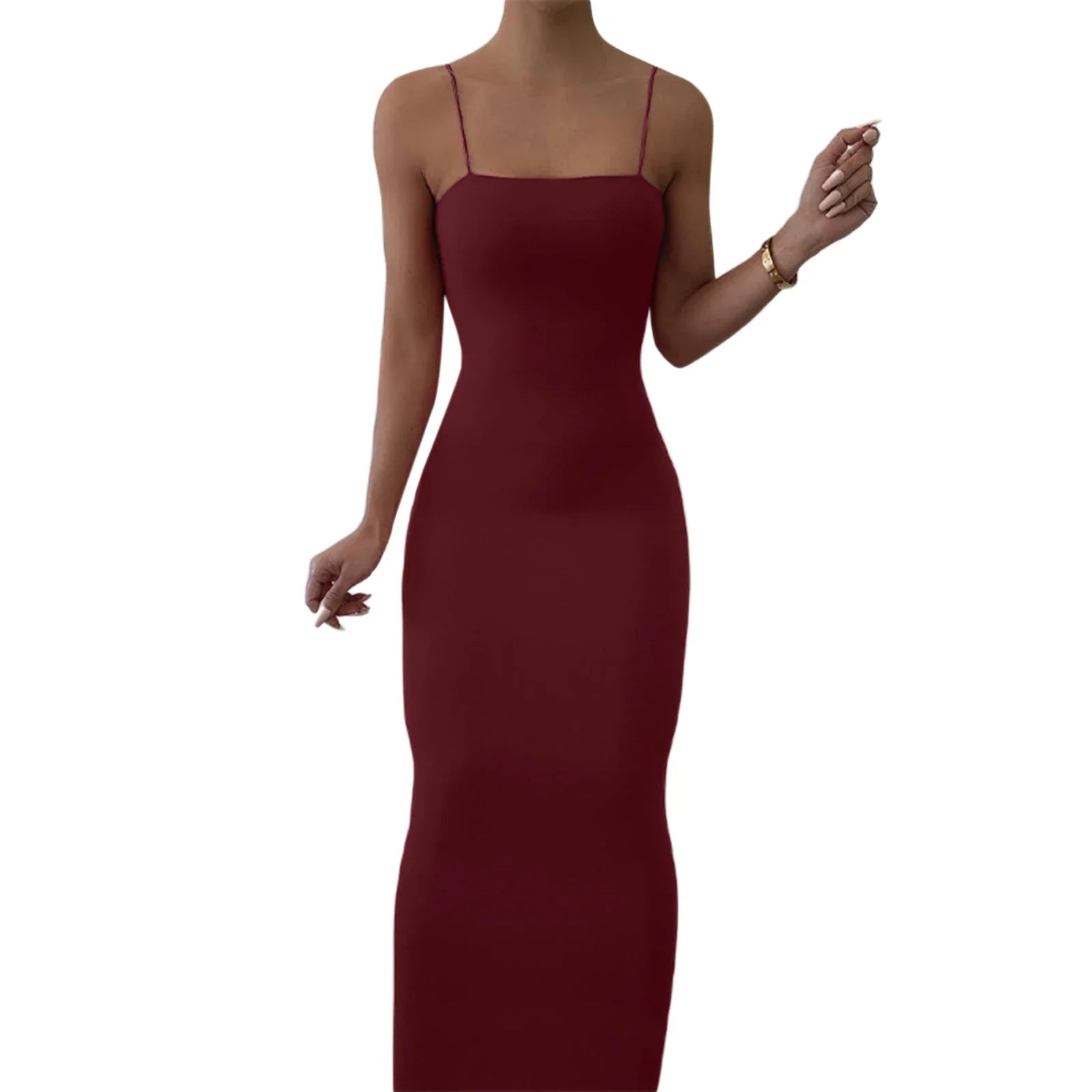Women Casual Summer Spaghetti Strap Bodycon Dress Fashion Solid Color Sleeveless Backless Slim Fit Sling Long Dress Claret