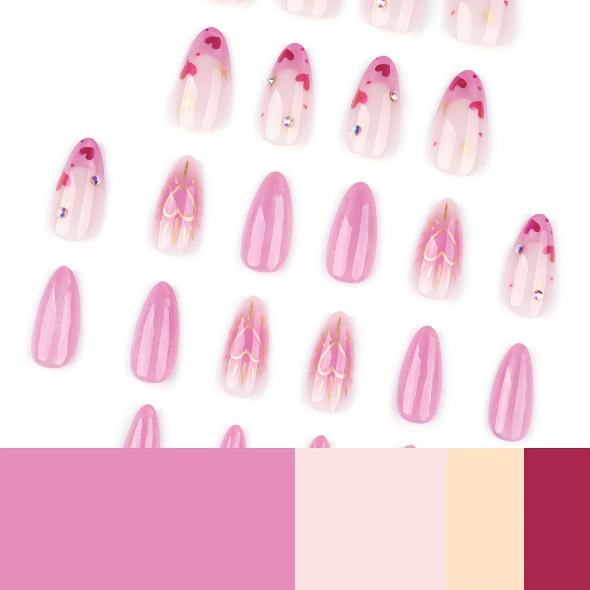24pcs Cute Love Press on Nails Shiny French Pink Cat Eye Fake Nail Tips Full Cover Wearable Korean Style Almond False Nails