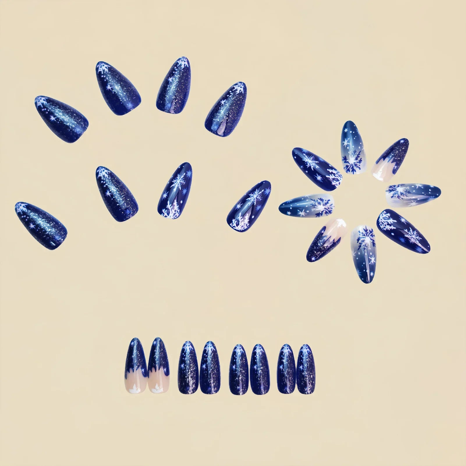Gradient Blue Almond Fake Nails 24Pcs Christmas Nails Press On Acrylic False Nails Snowflake Printed Women Charm Manicure