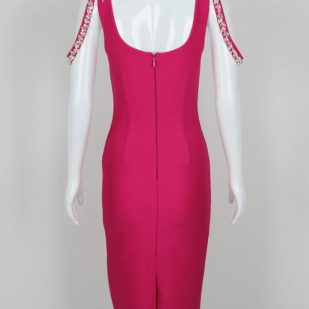 Factory Wholesale Women's Rose Red Spaghetti Strap Diamond Tight Sexy Celebrity Cocktail Party Bandage Dress