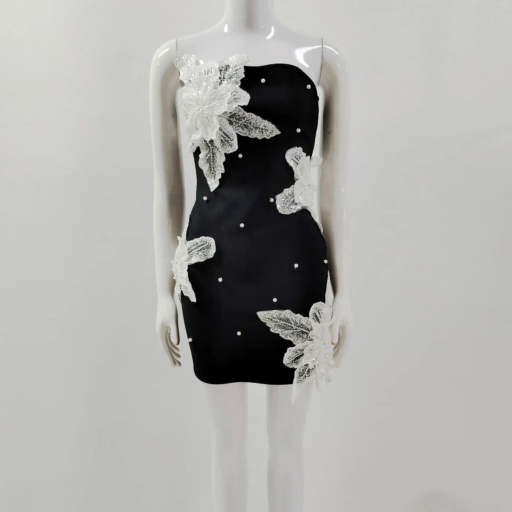 Fashion Women Sexy Strapless Beading Florals Bodycon Mini Dress Elegant Evening Party Celebrate Birthday Dress