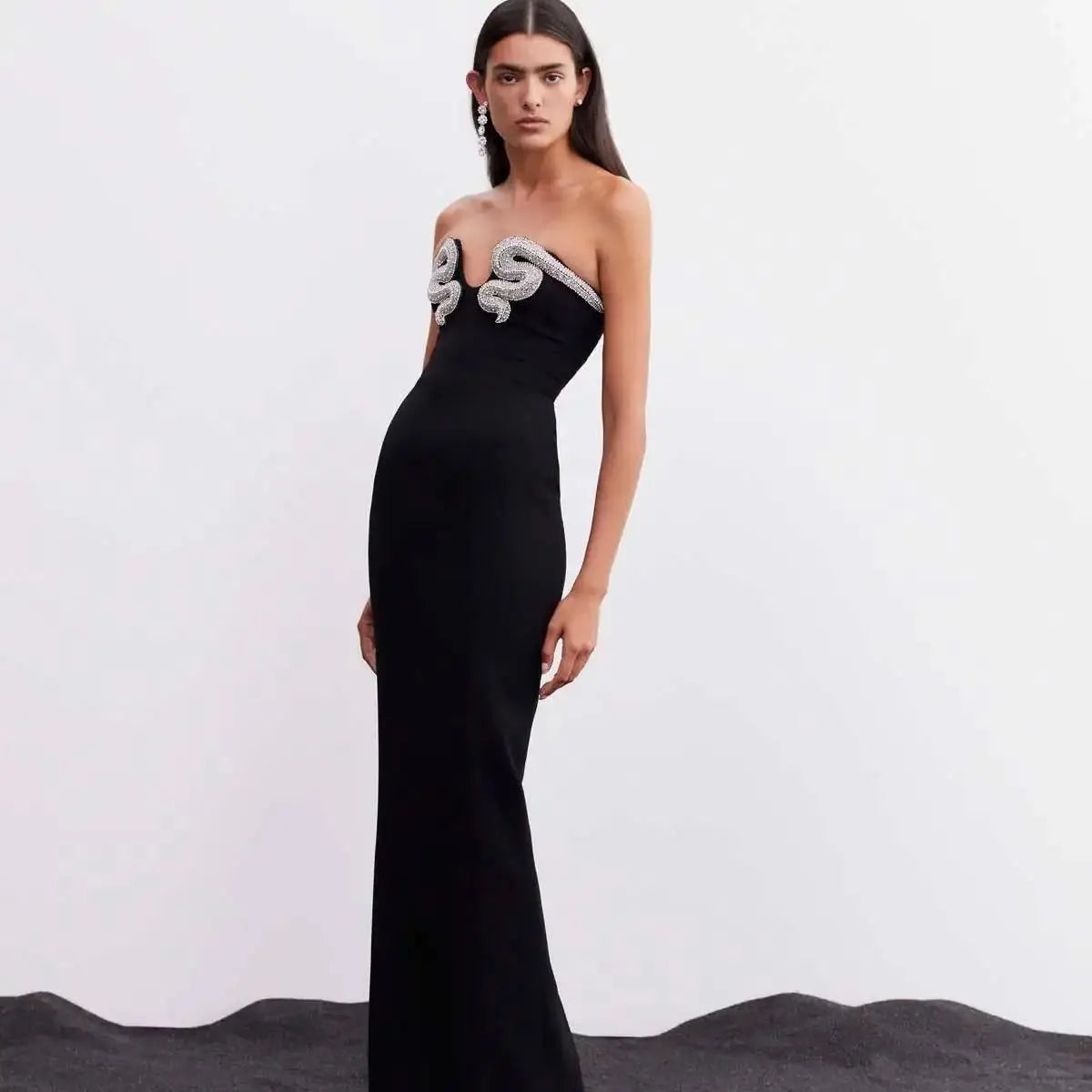 High Quality Shining Diamonds V-Neck Strapless Black Long Bandage Dress Elegant Woman Evening Party Dress Cocktail Party Outfit