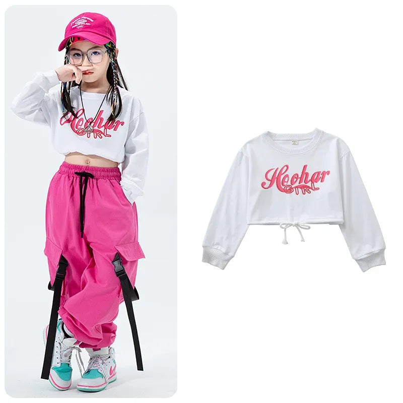 Girls Jazz Dance Performance Dress Girls Hip-hop Suit Cool Belly Button Exposed Clothing Children's Hip-hop Fashion Clothes 830 long sleeve
