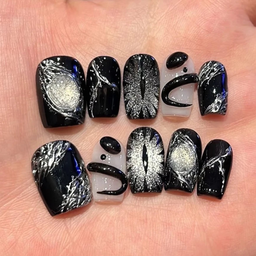 10Pcs Handmade Short Square Fake Nail French Gold Flower Cat Eye Press on Nails Full Cover Sun Moon Starlight Wearable Manicure