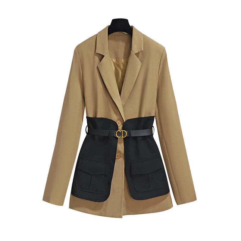 Autumn Winter Blazer For Women Patchwork Color Korean Fashion Design Casual Coat And Jacket Women With Belt Outwears
