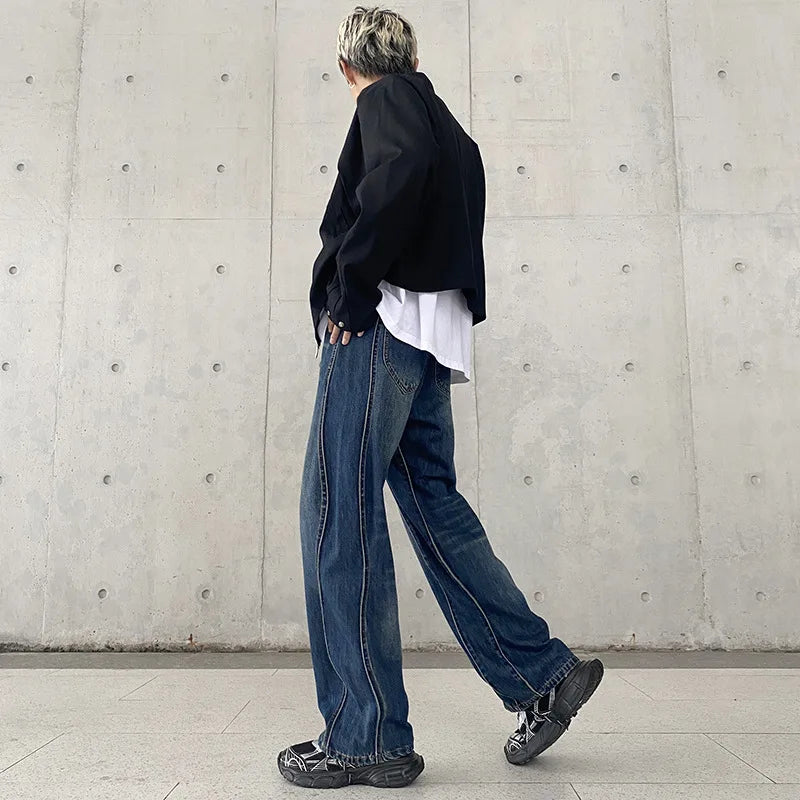 Autumn and Winter American Style Trendy Brand Irregular Curve Cut Jeans Men's Straight Loose All-match Long Pants