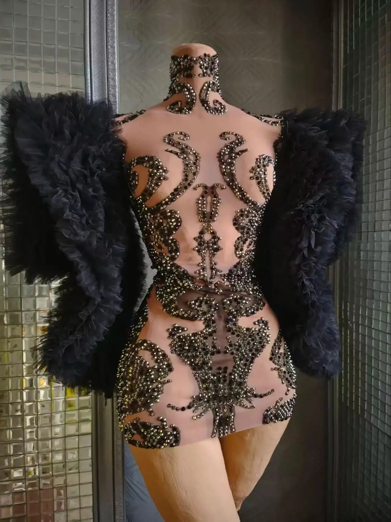 Women Sexy Mesh See Through Black Crystal Stretchy Night Club Celebrity Singer Dancer tage Costume Mini Party Dress