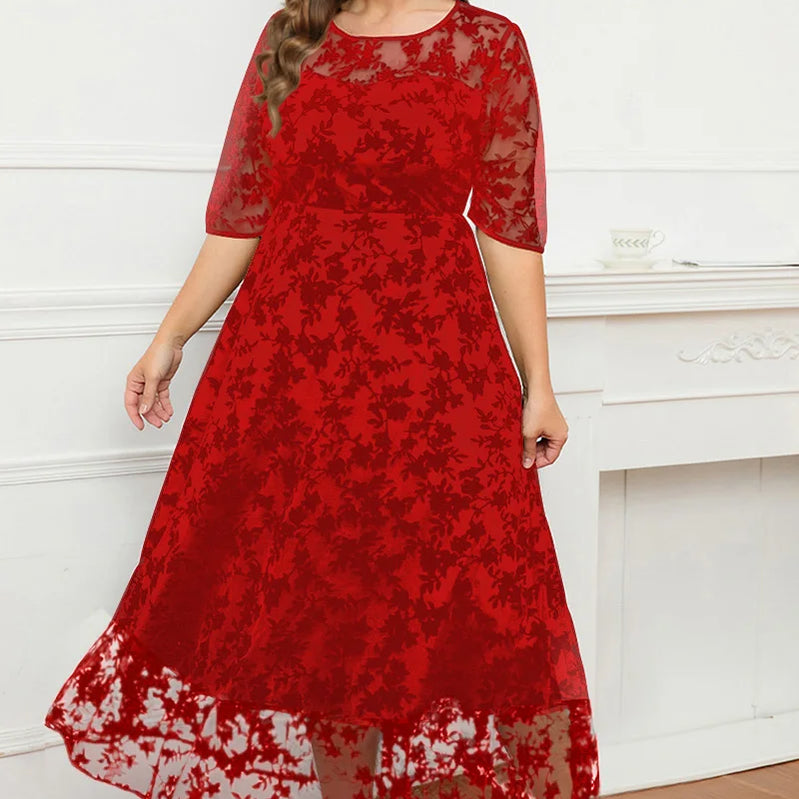 Women A-Line Dress Plus Size Lace Flocking Mesh Velvet Double Layer Tunic Embroidery Elegant Half Sleeve Spring Maxi Dress Red