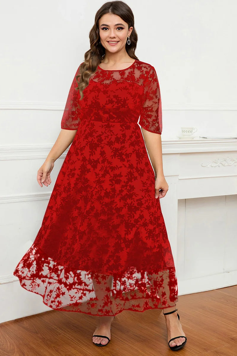Women A-Line Dress Plus Size Lace Flocking Mesh Velvet Double Layer Tunic Embroidery Elegant Half Sleeve Spring Maxi Dress Red