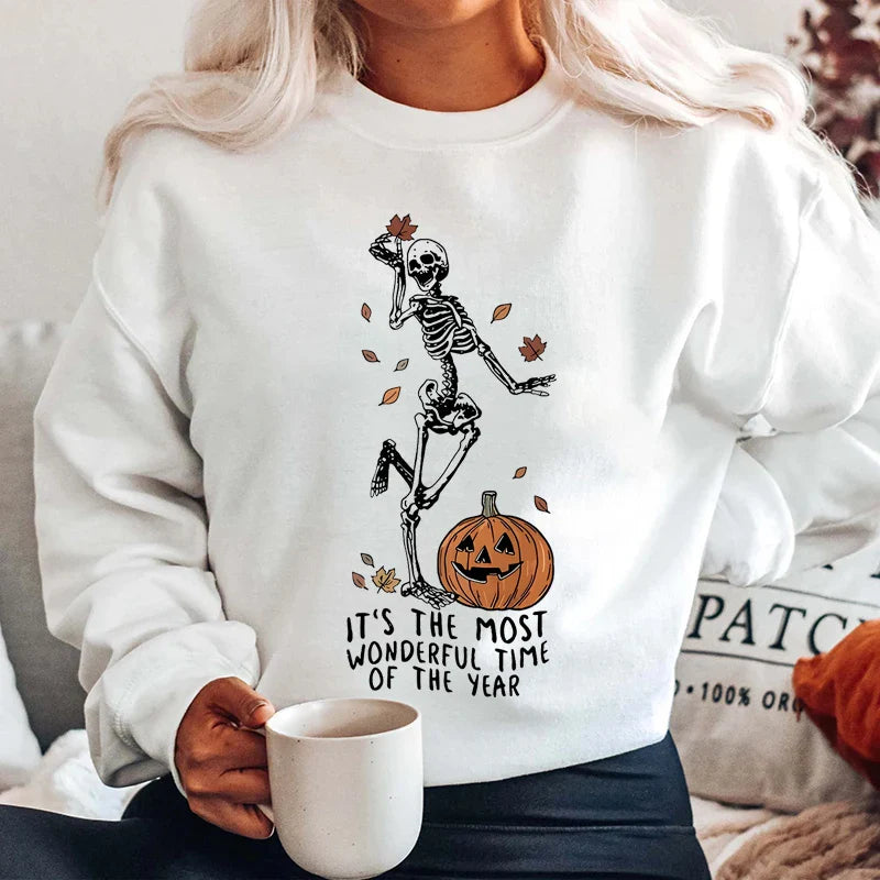 Halloween Skeleton & Pumpkin Print Sweatshirts Casual Long Sleeve Crew Neck Sweatshirt Women's Plus Size Clothing WHITE