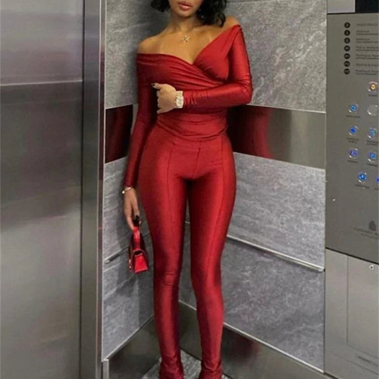 Ladies Off Shoulder Night Clubwear Y2K 2 Piece Long Sleeve V-Neck Folds Tees+Pencil Pants Fashion Club Streetwear Women Outfits Red