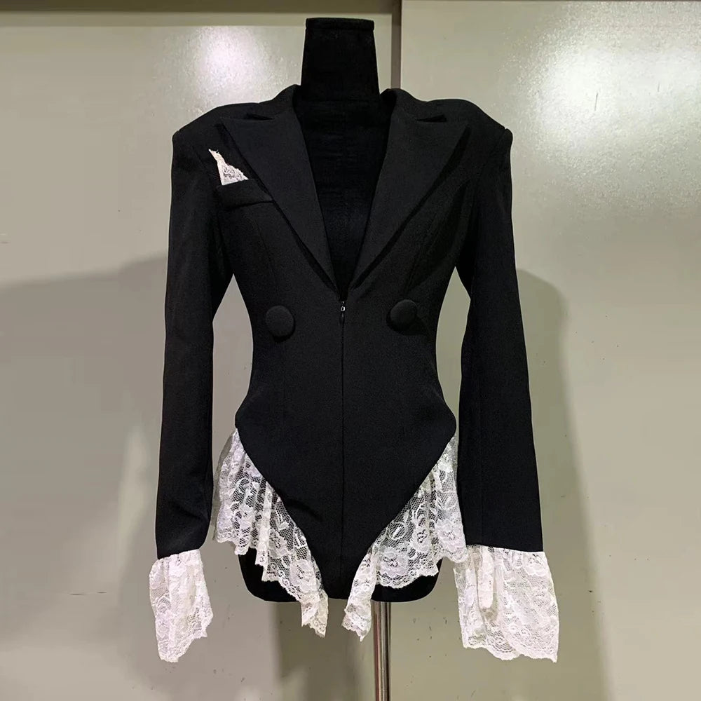 TWOTWINSTYLE Colorblock Spliced Lace Jumpsuits For Women Lapel Long Sleeve Tunic Patchwork Button Slimming Chic Jumpsuit Female