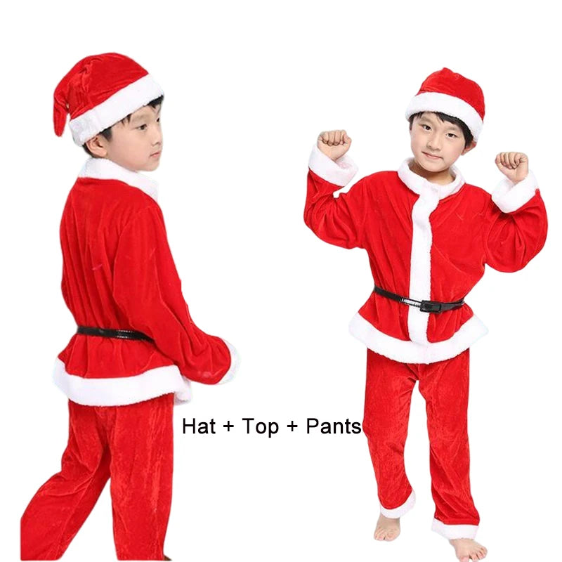 Kids Christmas Costumes Santa Claus Cosplay Clothes Boys and Girls New Years Red Xmas Clothes Christmas Eve Party Clothings 3PCS Christmas Set E