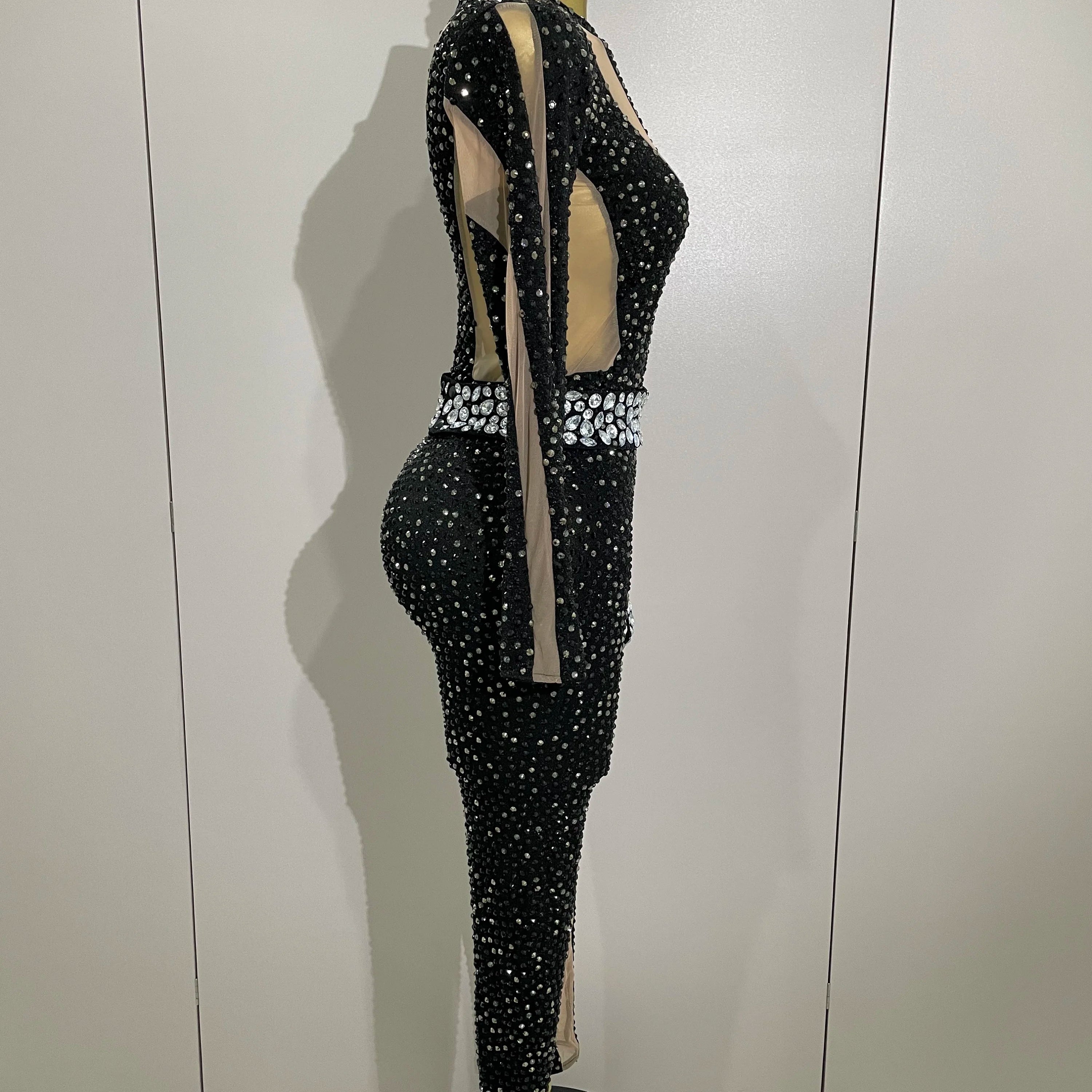 2025Sexy Sparkly Full Diamond Black Perspective Waist Cinching Asymmetrical Mesh Jumpsuit Birthday Party Nightclub Stage Costume