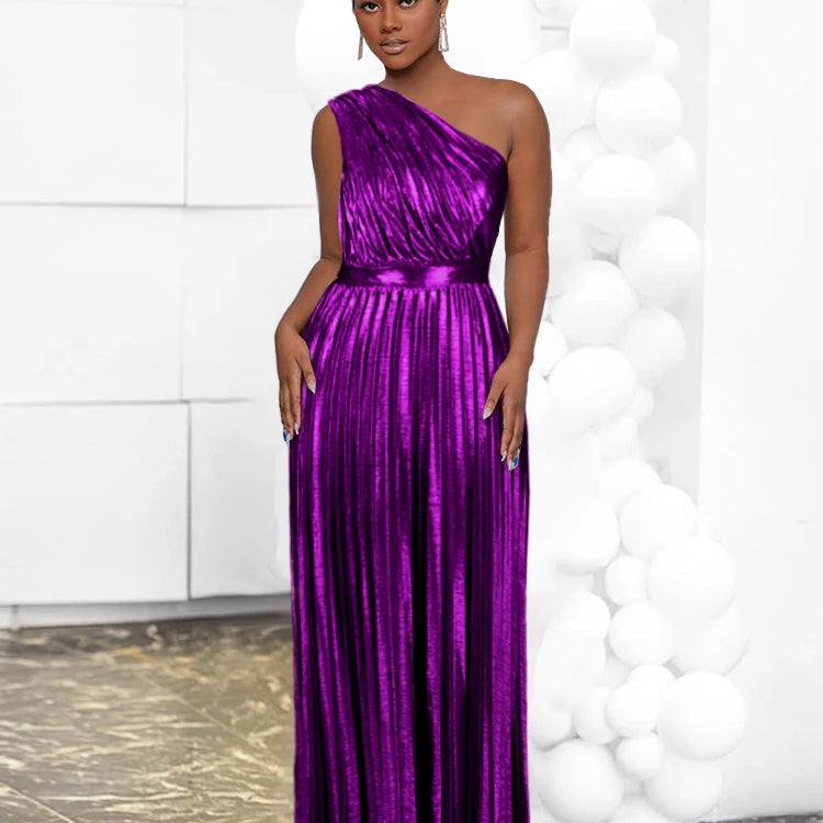 Elegant Women Even Dresses Luxury Maxi Long Metallic Pleated Dress One Shoulder Sleeveless Premium Shiny Shimmer Gowns Big Size PURPLE