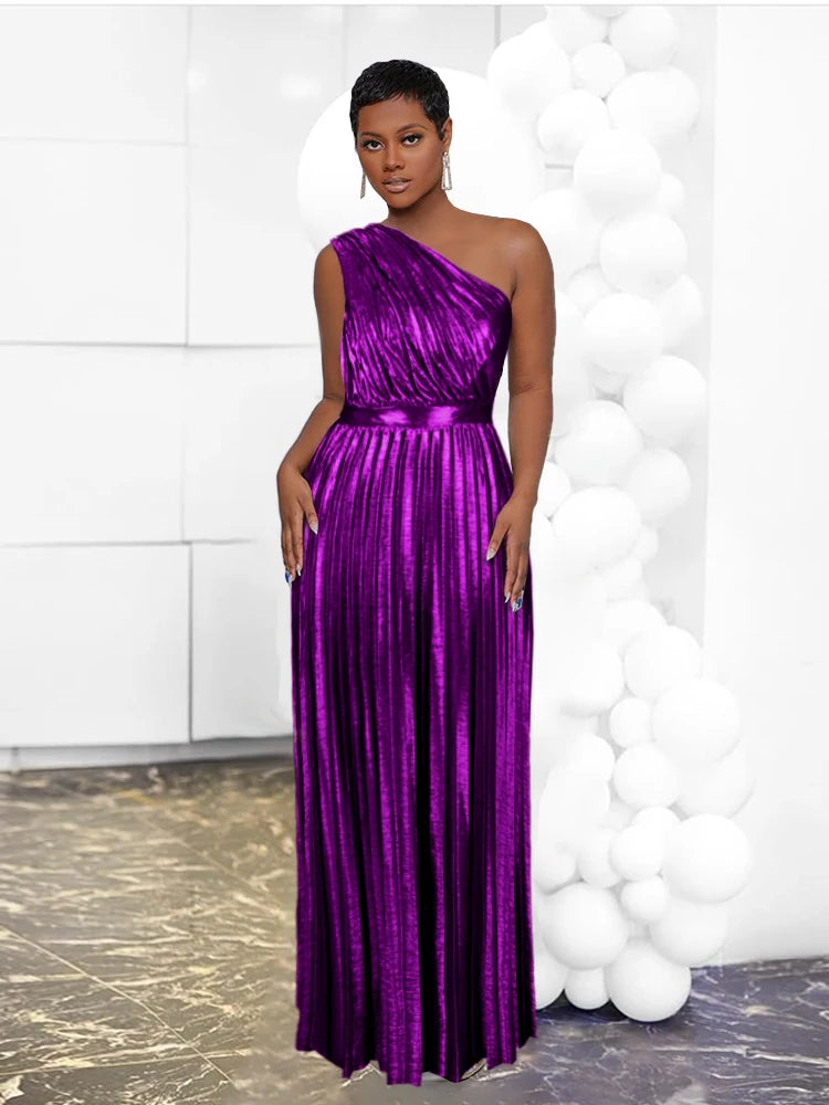 Elegant Women Even Dresses Luxury Maxi Long Metallic Pleated Dress One Shoulder Sleeveless Premium Shiny Shimmer Gowns Big Size PURPLE