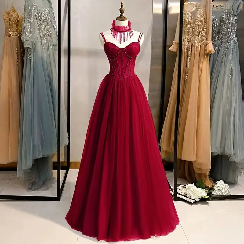 Prom Party Dresses Sexy See-Through Bodice Floor Length Evening Dress Formal Occasion Gown wine red