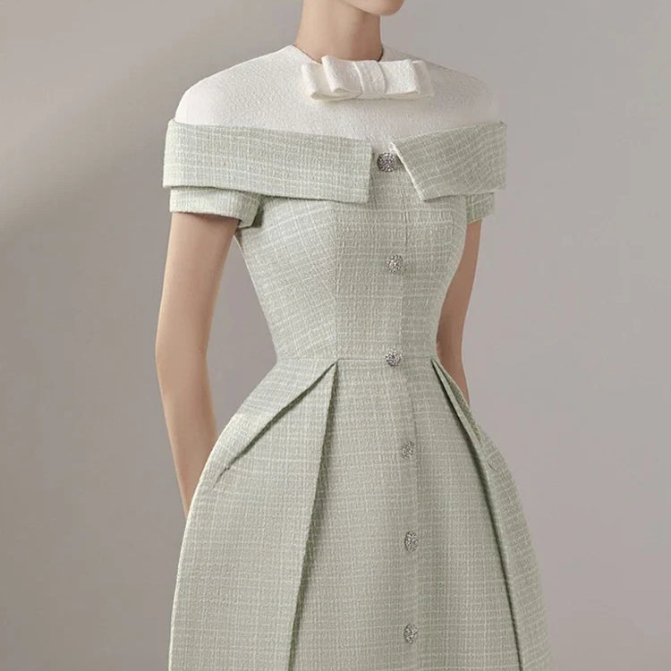 DEAT Women's Patchwork Tweed Dress Fashion Contrast Color Single Breasted High Waist Elegant Dresses Female New 13DB3854