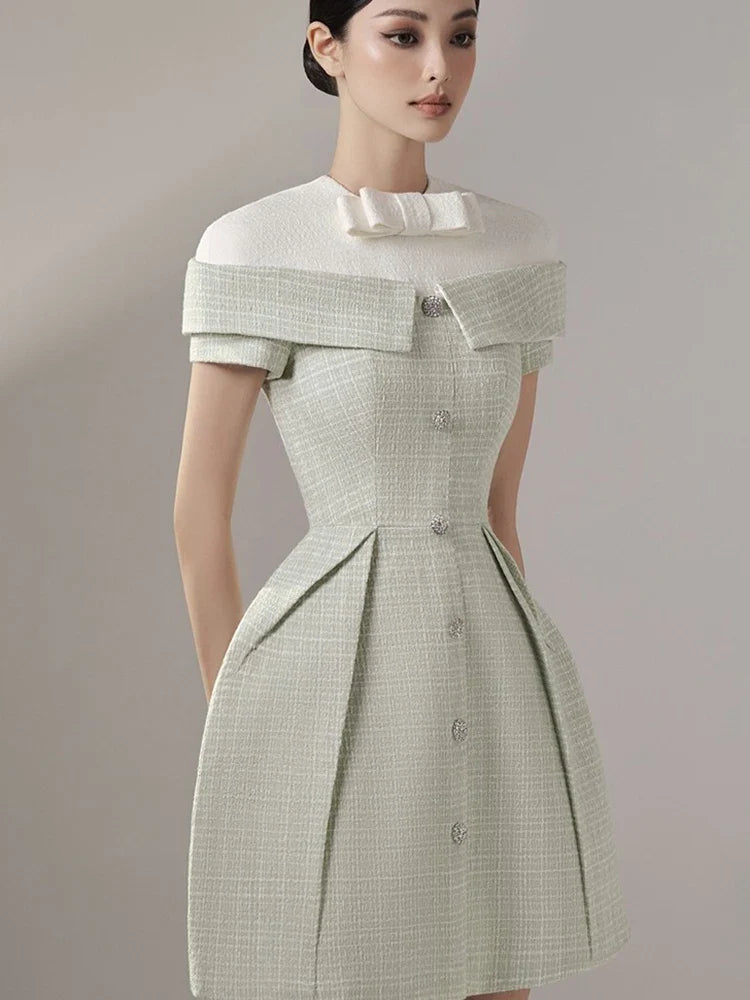 DEAT Women's Patchwork Tweed Dress Fashion Contrast Color Single Breasted High Waist Elegant Dresses Female New 13DB3854