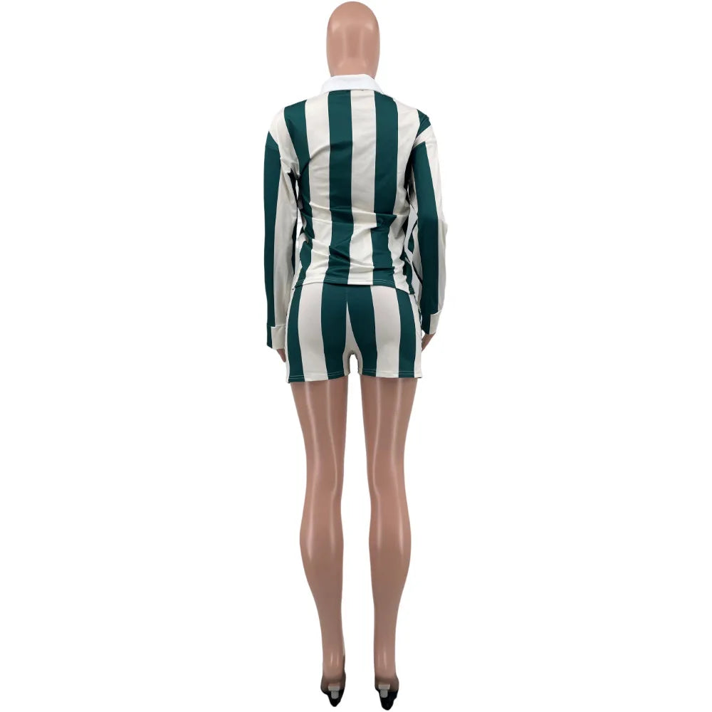 CM.YAYA Striped Women's Set Pleated full Sleeve Turn-down Collar Polo-t-shirt and Shorts 2025 Two 2 Piece Sets Outfit Tracksuits