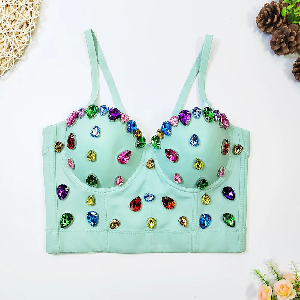 Fashion Sexy Women's Bustier Bra Hand-made Pearls Jewel Diamond Beading Crop Tops Female Cropped Sling Vest Top Bling Bra style 3 as pic 1