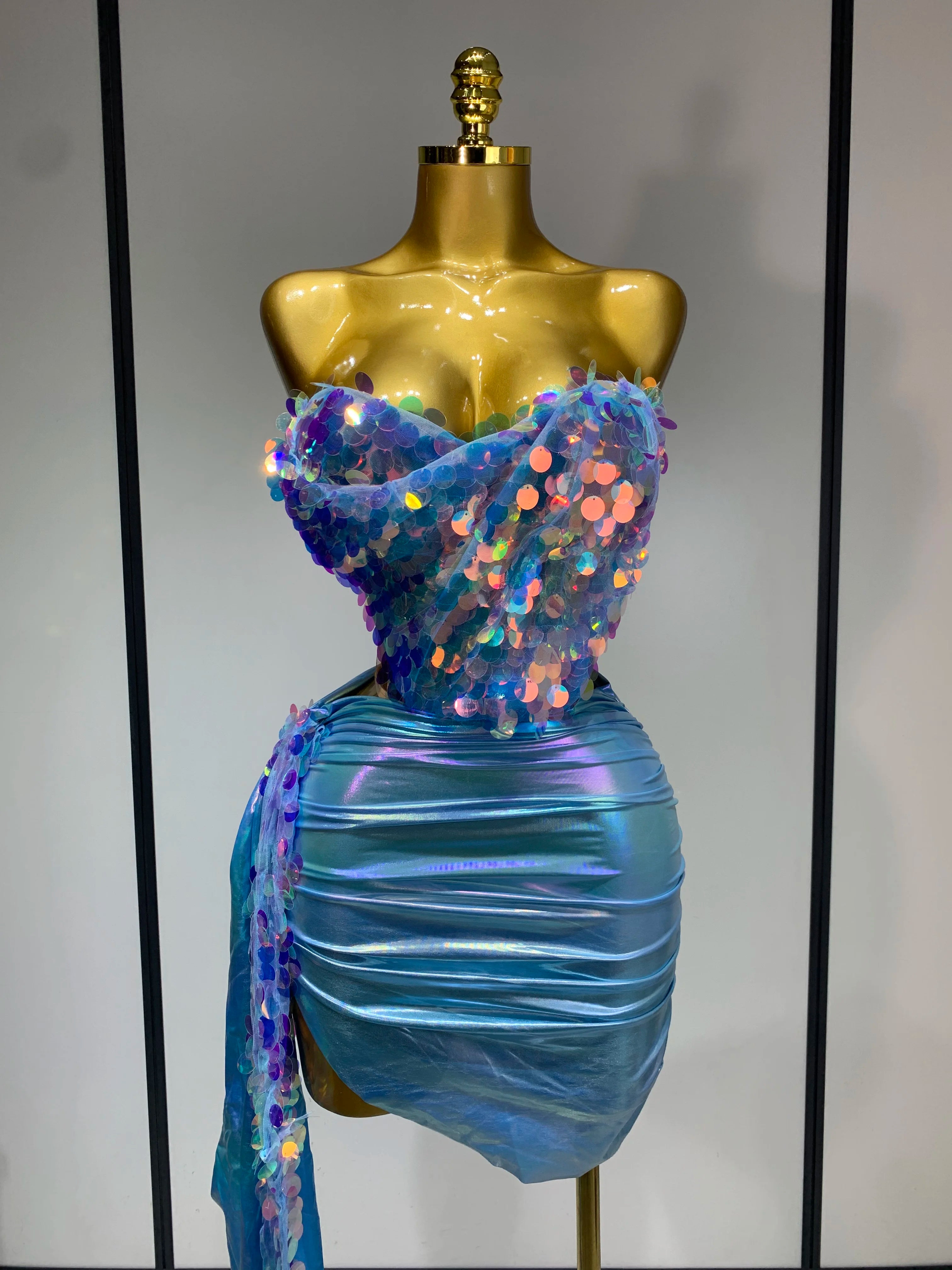 Sparkly Sequin Two Piece Set Sexy Strapless Backless Women's Outfit Evening Party Nightclub Stage Performance Dance Costume