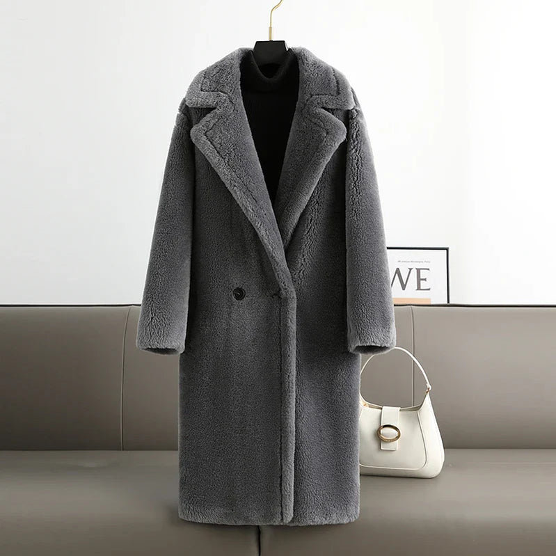 2022 Women Long Cashmere Coat Wool Woven Fabric Thick Warm Outerwear Oversize Fashion Streetwear Teddy Bear Winter Jacket Grey